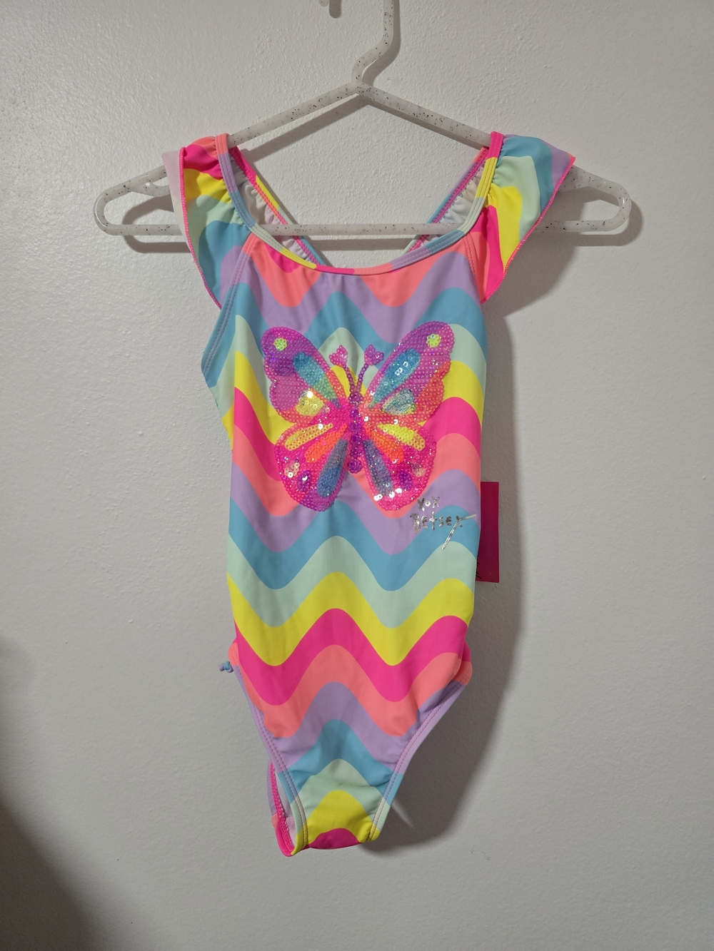 NWT Betsey Johnson 7/8 Butterfly Bathing Suit One Piece Rainbow Ruffles Sparkles